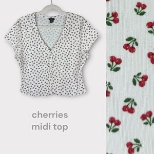 Rue21 cherries ribbed crop top XL short sleeve v-neck cropped midi button front